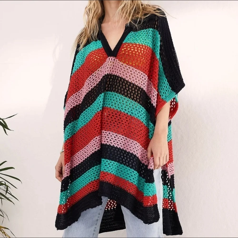 NEW Free People Bayside Stripe Black Combo Crochet Summer Beach Knit Poncho OS